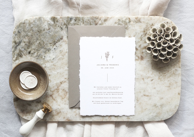Hochzeitseinladung Juliana, Moderne Einladungskarte, Minimalistische Einladung, Büttenpapier, Handgeschöpftes Papier Bild 1