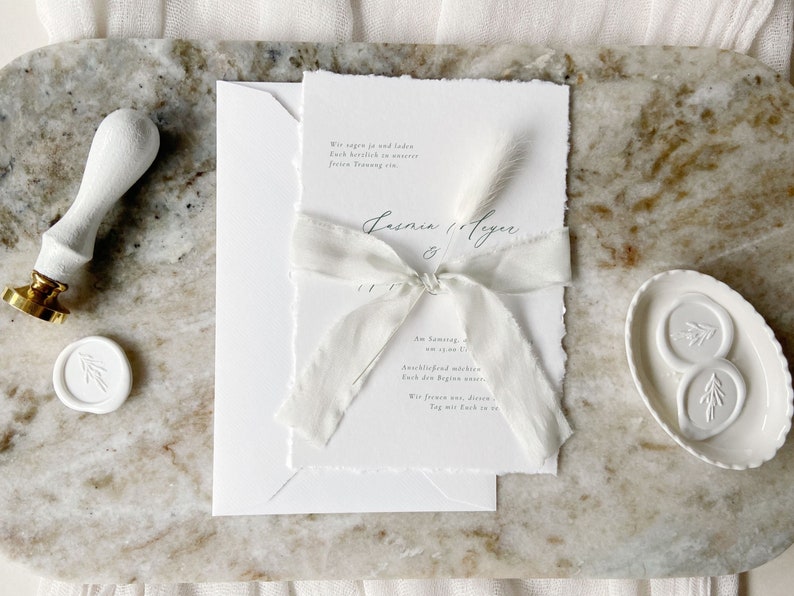Wedding invitation, handmade paper, wedding set, modern invitation card, minimalist, fine art, wedding stationery, Jasmin collection image 1