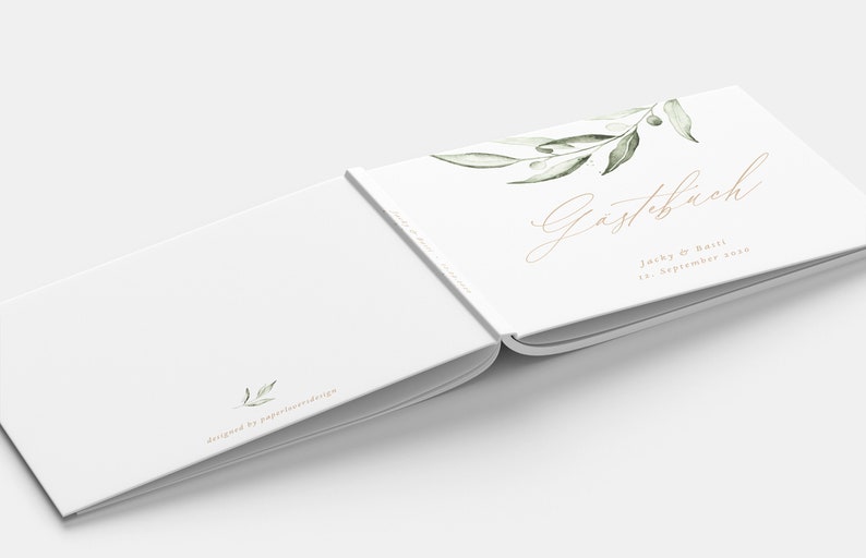 Gästebuch Hochzeit, Gästebuch personalisiert, Gästebuch mit Fragen, Gästebuch Blanko, Greenery, Schlicht, Olivia Kollektion Bild 7