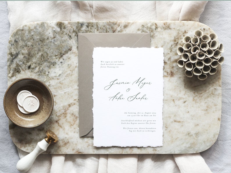 Hochzeitseinladung, Büttenpapier, Hochzeitsset, Moderne Einladungskarte, Minimalistisch, Fine Art, Hochzeitspapeterie, Kollektion Jasmin Bild 5