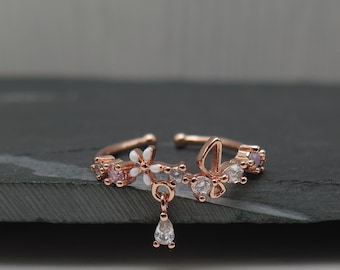 Ring glitter crystals - romantic flower enamel white rose gold with hanging drops - adjustable pink jewelry love wedding girlfriend elegant sweet