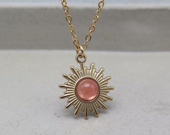 Necklace - Sun with Agate Light Orange - Stainless Steel Necklace Gold Plated Planetary Jewelry Love Gift Jewelry Girlfriend Heaven Sun Necklace fine