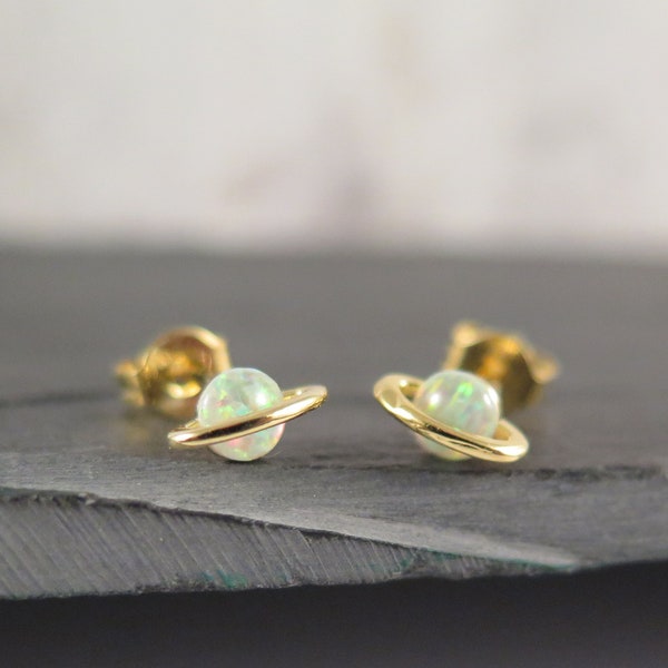 Planet Earrings - Saturn with Bright White Fire Opal - Gilded Solar System Universe Jewelry Love Gift Moon Wedding Sweet