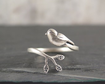 Ring 925 Sterling Silber - Vogel mit Ast - Vintage Look geschwärzt verstellbar Spiralring Liebe Tier Tierschmuck Schmuck Natur Geschenk süß