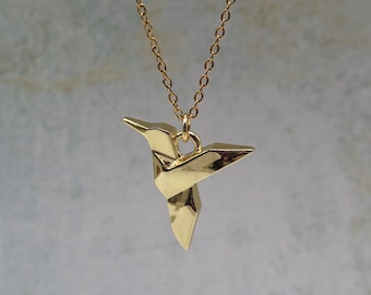 Geometric necklace - hummingbird origami gold plated - bird necklace stainless steel Japan folded paper gift animal jewelry love air fly