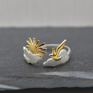 925 sterling silver ring - peace dove with sun on clouds - gold plated adjustable gift peace dove world love moon star sky