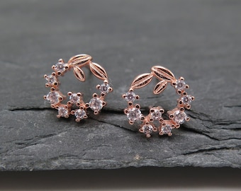 Ear studs wreath - noble and fine rose gold leaves - earrings rose gold plated glitter crystals pink wedding gift love bride jewelry tender