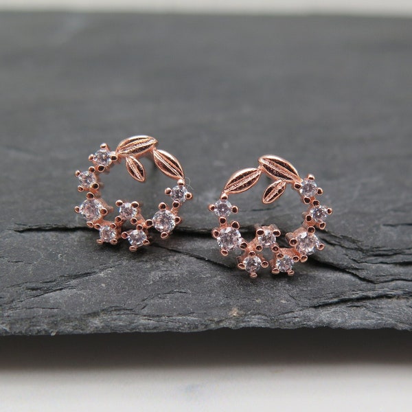 Ear studs wreath - noble and fine rose gold leaves - earrings rose gold plated glitter crystals pink wedding gift love bride jewelry tender