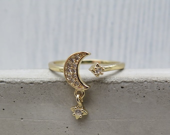Ring Glitter Crystals - Crescent Moon Gilded with Hanging Rock - Adjustable Moon Star Planetary Ring Moon Ring Wedding Bride Love Gold