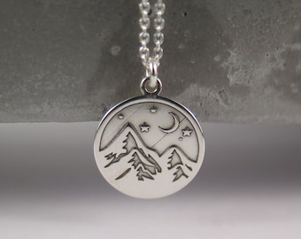 925 Sterling Silber Kette - Plättchen Berge mit Mond und Sternen gestanzt  - rund , tolles Geschenk