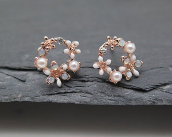 Stud earrings wreath - small + fine I flower enamel pearl white milky - light rose gold plated glitter crystals pink bride wedding gift love