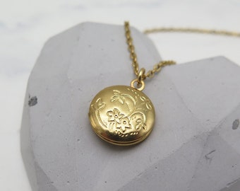 Vintage style medallion mini - flower meadow - stainless steel chain gold plated in a retro look necklace flowers gift jewelry photo memory love