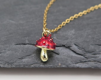 Necklace autumn - small fly agaric red enamel - necklace gold plated mushroom forest nature jewelry tree mushrooms walk love gift gold noble