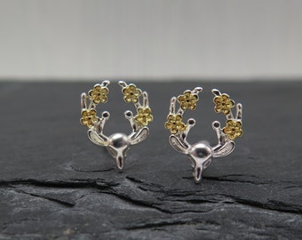 Earrings - Deer with Flowers - Silver Plated Antlers Gilded Forest Animal Gift Flower Forest Wreath Earrings Wedding Romantic Love