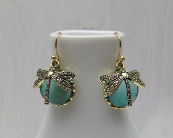 Earrings dragonfly - glass stone turquoise petrol - antique gold style retro vintage earrings animal jewelry nature gift jewelry love stone noble