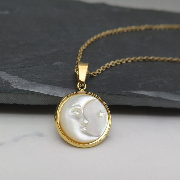 Collier Lune - Crescent Star Nacre Chatoyante - Collier Acier Inoxydable Lune Dorée Or Blanc Lune Visage Amour Cadeau Bijoux Lune