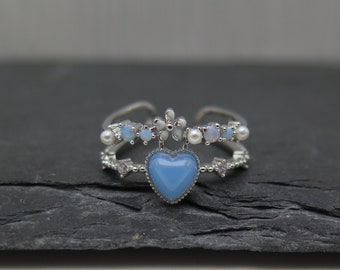 Ring Glitter Kristallen - Hart Blauwe Dubbele Ring Bloem Emaille Wit Verzilverd Parel - Verstelbare Zilveren Sieraden Bruiloft Lieve Vriendin
