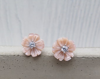 925 sterling silver - ear studs blossom made of shells zircon old pink - noble flowers plug natural jewelry wedding glitter love bride gift