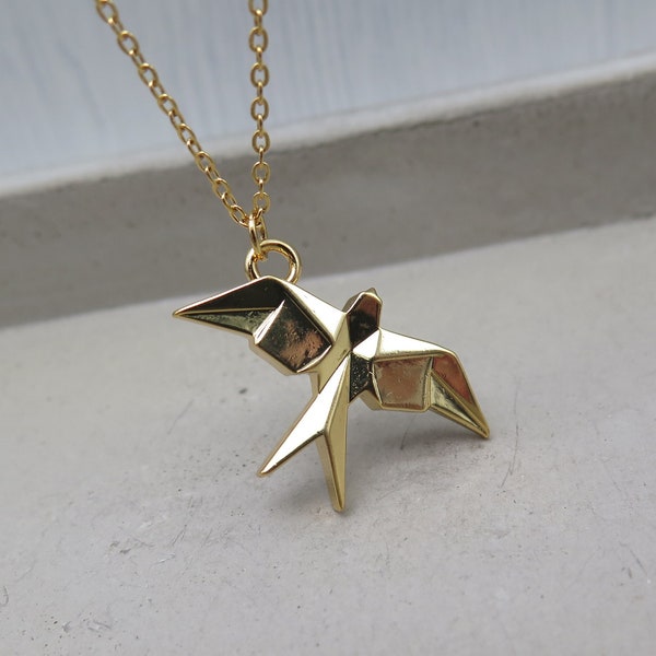 Geometrische Kette - Vogel Origami vergoldet - Halskette Edelstahl Japan gefaltetes Papier Tier Geschenk Tierschmuck Adler Schwalbe Vögel