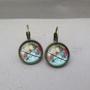 Ohrhänger - Weltkarte Erde - Globus Ohrringe bronzefarben Hänger Vintage Look Geschenk Reise Urlaub Kontinent Fernweh Auswandern Meer Stadt