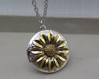 Medaillon altsilber Stil - Sonnenblume bicolor - Medaillonkette Blume antik Look silber gold Foto Erinnerung aufklappbar 3D  Kette Schmuck