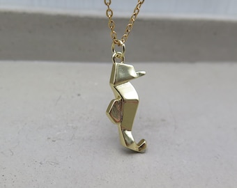 Geometric necklace - seahorse origami gold plated - necklace stainless steel Japan folded paper water animal fish sea animal jewelry love