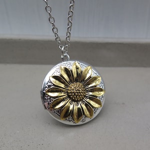 Medallion old silver style - sunflower bicolor - medallion chain flower antique look silver gold photo memory hinged 3D chain jewelry