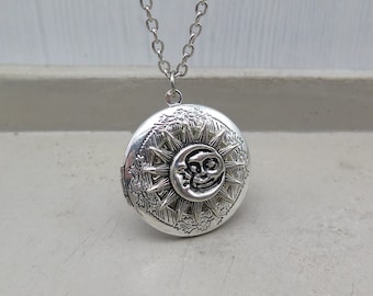 Antique silver style locket necklace - Moon + Sun - Moon face day night locket necklace silver look photo keepsake vintage love planets elegant
