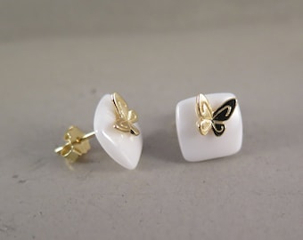 Earrings 925 Sterling Silver - Gold Plated Butterfly on Ceramic Plate White - Natural Jewelry Earrings Gift Love Nature Jewelry Gold