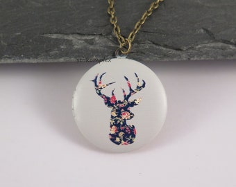 Medallion necklace - flowery deer - romantic 3D necklace bronze elk reindeer medallion photo secret memory forest winter flower animal