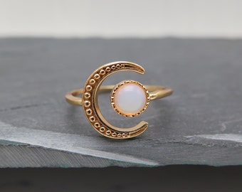 Planet ring - half moon with shining moonstone - moon antique style gold plated adjustable great gift wedding girlfriend love star sweet