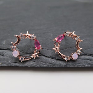 Earrings Wreath - Moon Stars Rose Gold Sky - Rose Gold Glitter Crystals Pink Pink Crystal Clear Wedding Gift Bride Love Planet