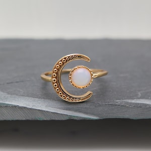 Planet ring - half moon with shining moonstone - moon antique style gold plated adjustable great gift wedding girlfriend love star sweet