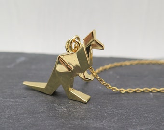 Geometrische Kette - Känguru Origami vergoldet - Halskette Edelstahl Japan gefaltetes Papier gold Australien Tier Geschenk Tierschmuck Liebe
