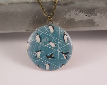 Locket Necklace - Penguins - 3D blue, turquoise, white, black chain bronze, South Pole Life in Antarctica