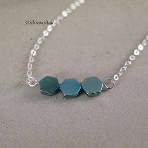 Geometric necklace - hexagon - shimmering green blue silver