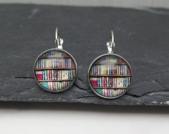 Earrings - library - books earrings silver plated pendant vintage look glass cabochon gift bookworms library love leaf university reading look