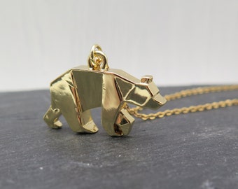 Geometrische Kette - Bär Origami vergoldet - Halskette Edelstahl Japan gefaltetes Papier gold Tiere Geschenk Tierschmuck Bären Liebe Kraft