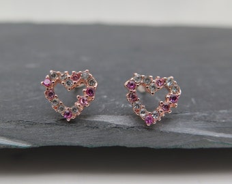 Stud earrings - bright heart clear pink pink - rose gold plated glitter crystals wedding gift love bride jewelry spring elegant rose fine