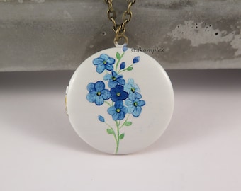 Medallion necklace - forget-me-not flowers - 3D flowers blue chain bronze garden white painted gift girlfriend love photo memory sweet