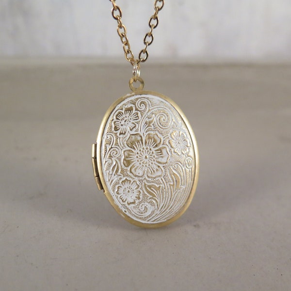 BESTSELLER Medallón de flores estilo vintage - pátina chapada en oro blanco antiguo - cadena de acero inoxidable regalo foto memoria boda amor otoño noble
