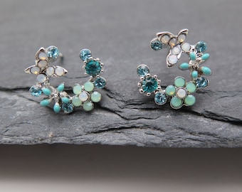 Boucles d'oreilles clous demi lune - fleur papillon cristaux turquoise vert bleu - argent paillettes mariage anniversaire cadeau bohème amour printemps