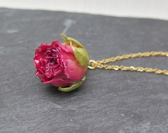 Necklace - real dried red rose in resin - necklace stainless steel gold plated love wedding flower red pink nature bridal jewelry floral jewelry