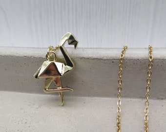 Geometrische Kette - Flamingo Origami vergoldet - Halskette Vogel Edelstahl Japan gefaltetes Papier gold Tier Geschenk Tierschmuck Liebe