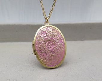 Flowers Vintage Style Medallion - Gold Plated With Antique Patina Pink - Stainless Steel Necklace Old Pink Gift Photo Reminder Love Family Wedding