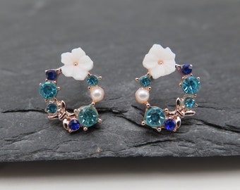 Stud earrings wreath - flower butterfly blue turquoise rose gold pearl - oval glitter crystals wedding gift love jewelry maritime water