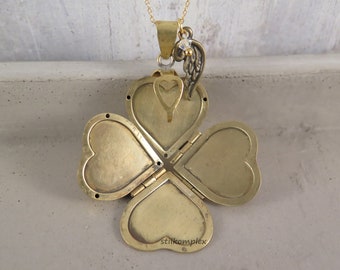 Vintage Heart Locket - Clover Secret with Angel Wings and Small Crystal - 925 Sterling Silver Gold Plated Chain, Antique Look