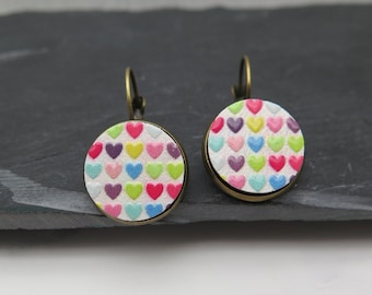 Wooden earrings 3D - colorful confetti hearts - earrings bronze heart love friendship gift girlfriend wedding engagement maid of honor sweet