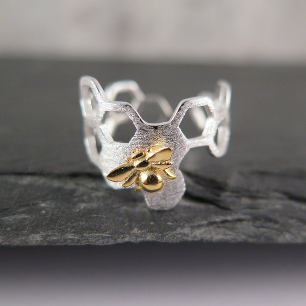 925 Sterling Silber Ring - Wabe mit Biene - teilvergoldet verstellbar Natur Schmuck Bienen Geschenk Bienenwabe Liebe Naturschmuck Frühling