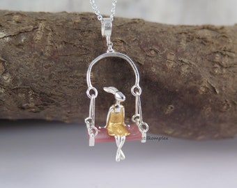 925 Sterling Silver Necklace - Rabbit on Swing - Gold Plated Pink Shell Animal Jewelry Gift Necklace Jewelry Animal Love Easter Rabbit